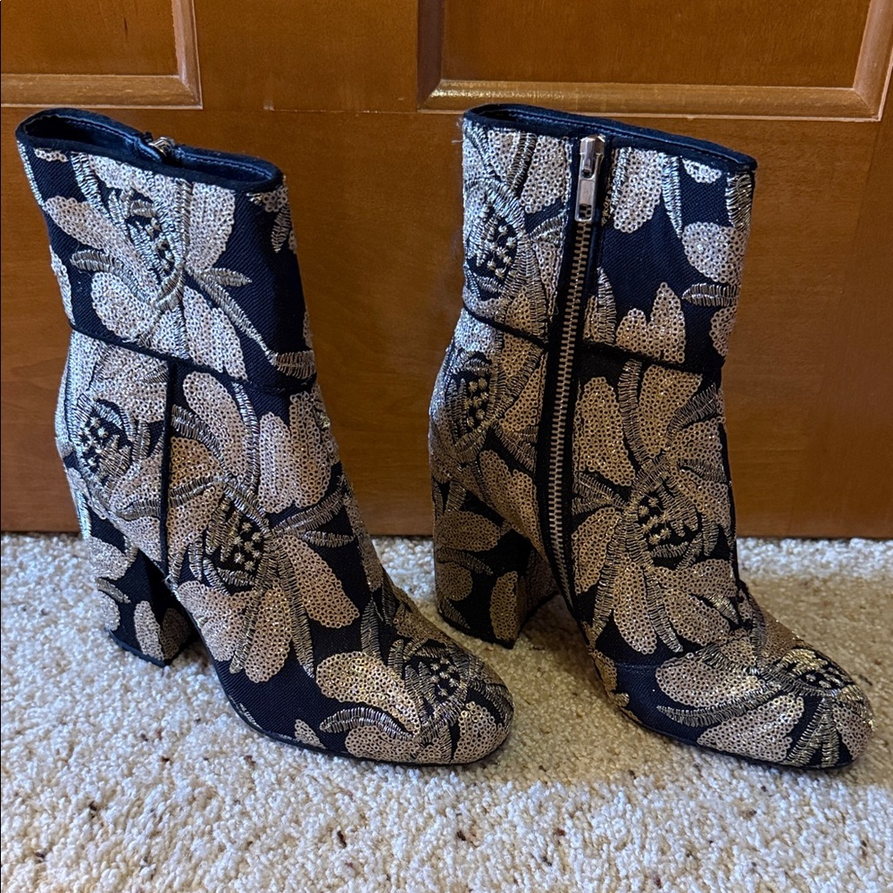 Goldie Black and Gold Floral Heeled Boots
